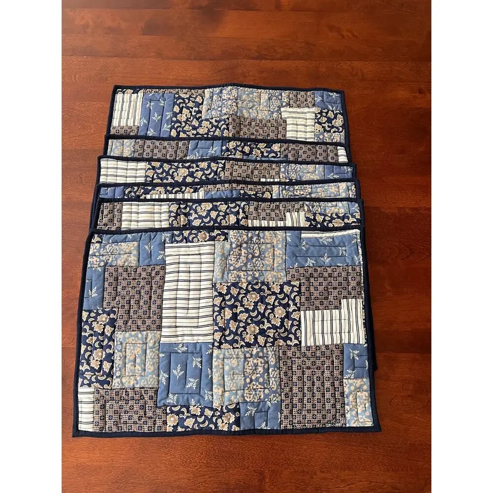 Pottery Barn 6 Piece 100% Organic Cotton Quilted Placemats Blue Tones Patchwork